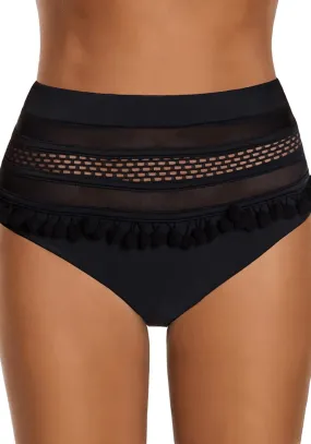 Black Fishnet Panel Pompom High-Waist Bikini Bottom