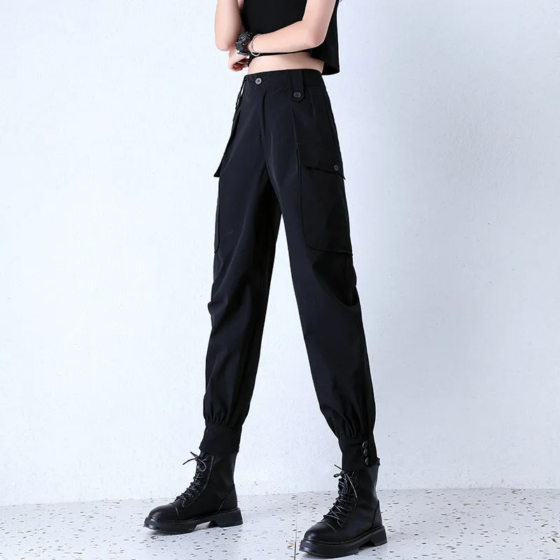 Black Quick-Drying Hip-Hop Pants Women Slim Look Summer Cargo Loose BF High Waist Thin Nylon Jogger Regular Pants