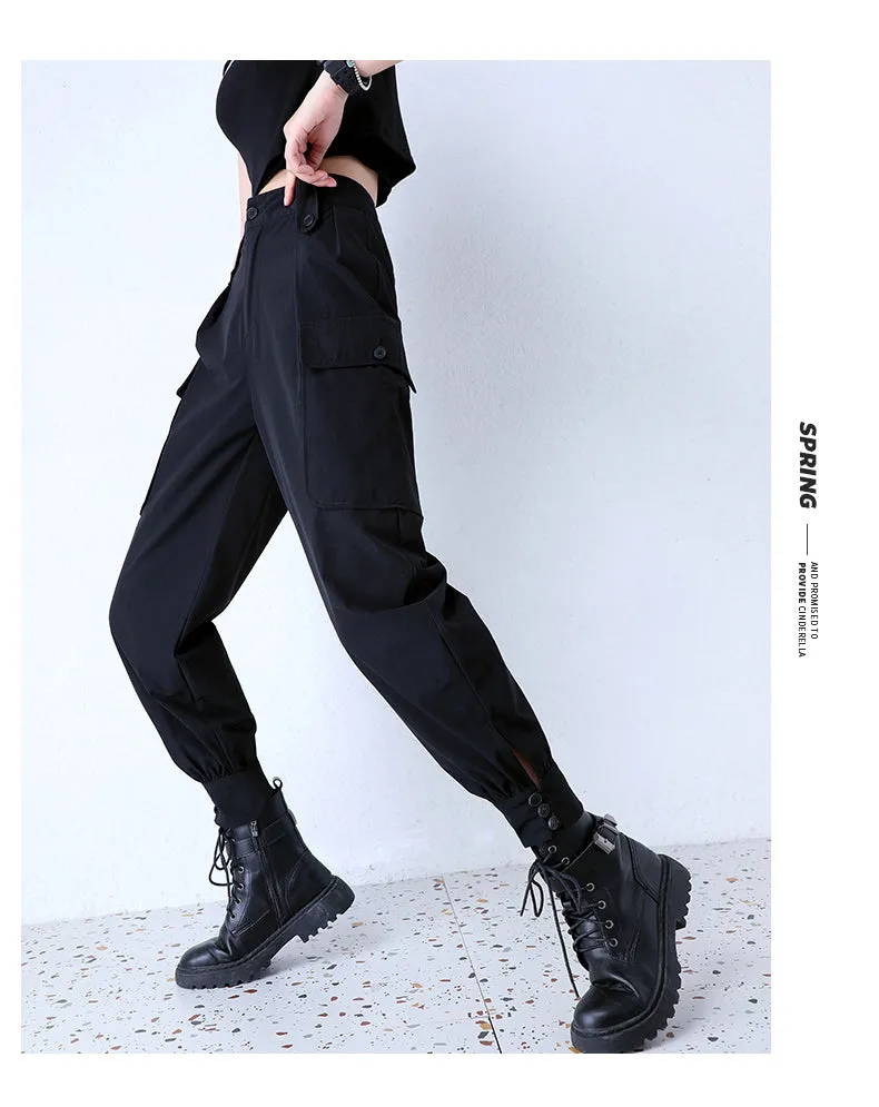 Black Quick-Drying Hip-Hop Pants Women Slim Look Summer Cargo Loose BF High Waist Thin Nylon Jogger Regular Pants