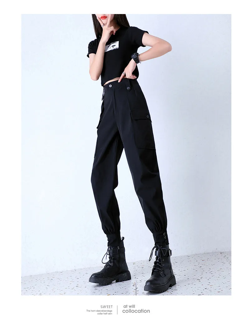 Black Quick-Drying Hip-Hop Pants Women Slim Look Summer Cargo Loose BF High Waist Thin Nylon Jogger Regular Pants
