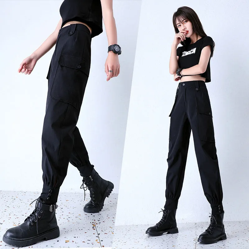 Black Quick-Drying Hip-Hop Pants Women Slim Look Summer Cargo Loose BF High Waist Thin Nylon Jogger Regular Pants