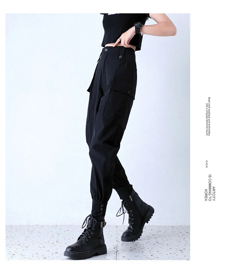 Black Quick-Drying Hip-Hop Pants Women Slim Look Summer Cargo Loose BF High Waist Thin Nylon Jogger Regular Pants