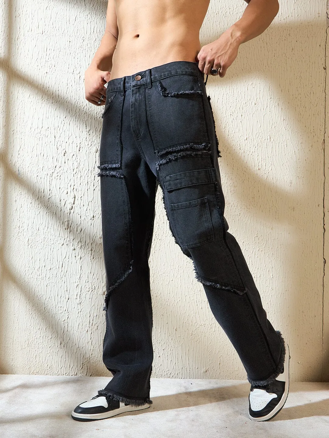 Black Raw Edge Panelled Denim
