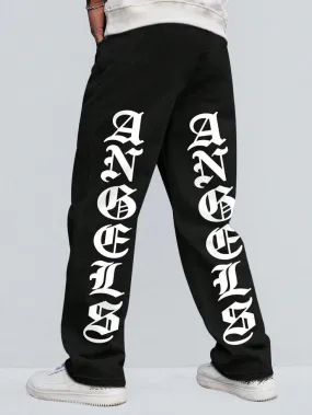 Black Vitage Letter Graphic Printed Straight Fit Baggy Jeans For Mens