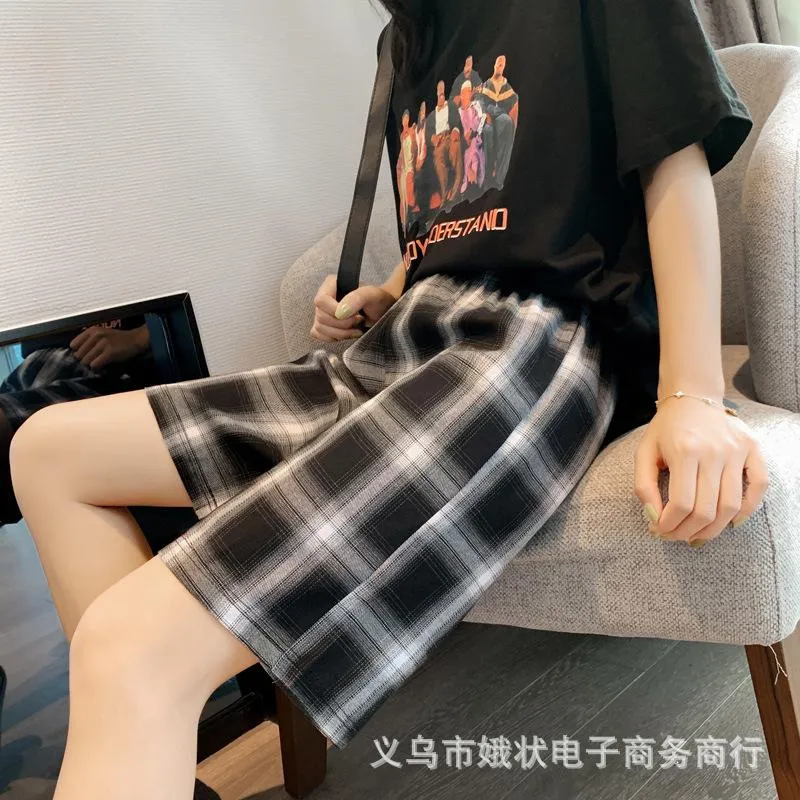 Black White Summer Loose Student Straight Mid-Length Wide Leg Slim-Look Casual Pants Hong Kong Hot Chequered Shorts Women