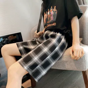 Black White Summer Loose Student Straight Mid-Length Wide Leg Slim-Look Casual Pants Hong Kong Hot Chequered Shorts Women