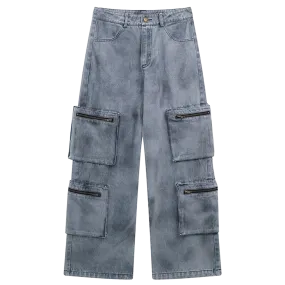 Blue Cargo Pocket Wide-Leg Jeans