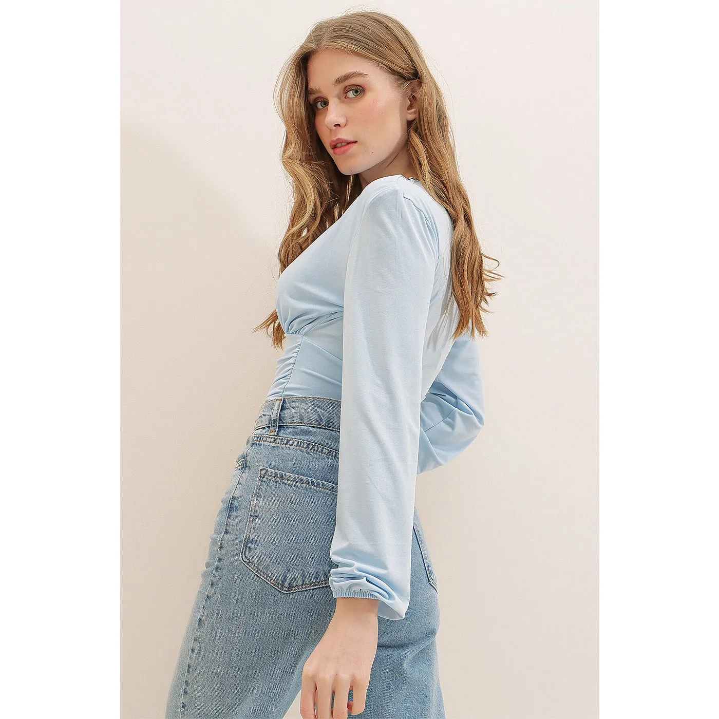 Blue Deep Decollete Waist Tape Crop Top
