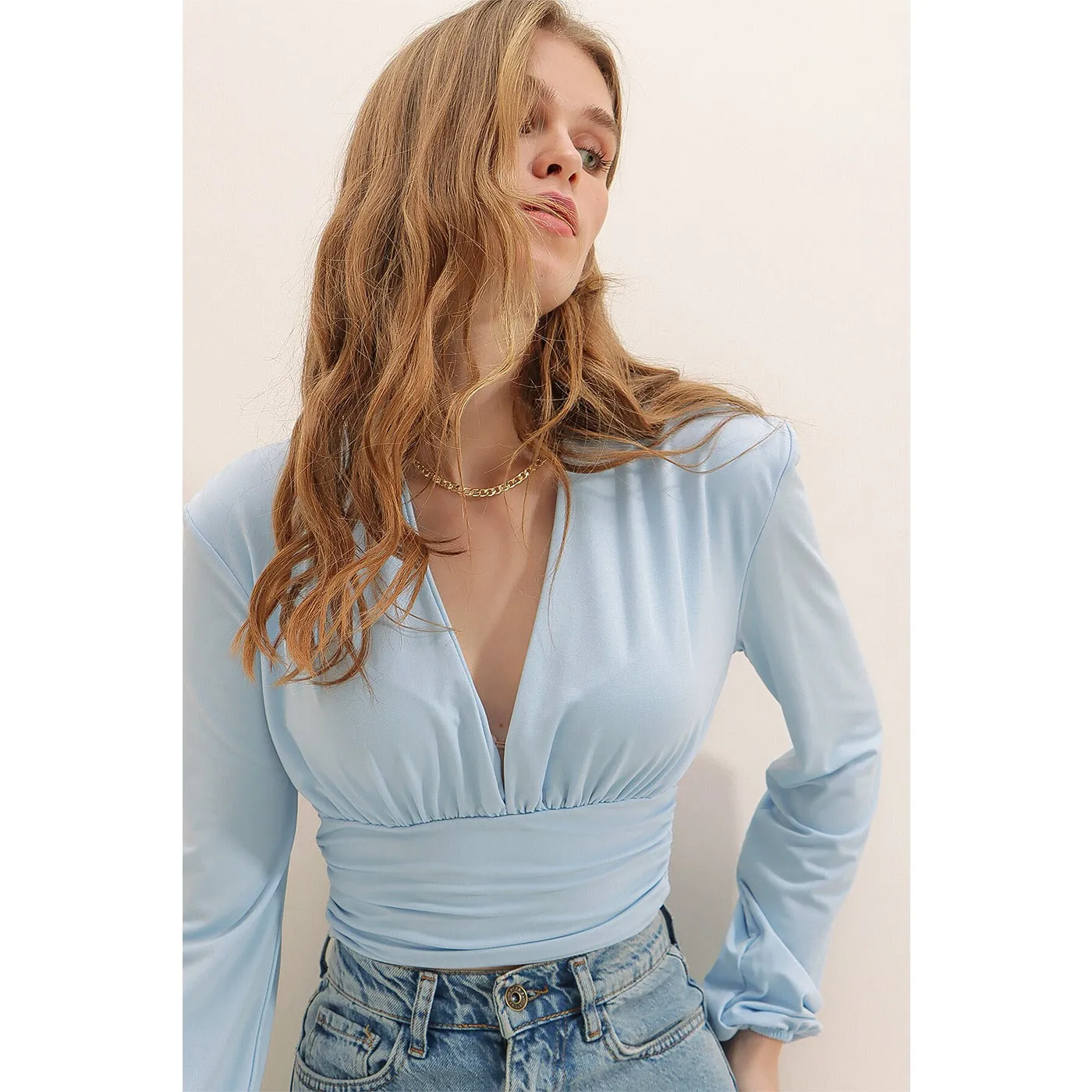 Blue Deep Decollete Waist Tape Crop Top