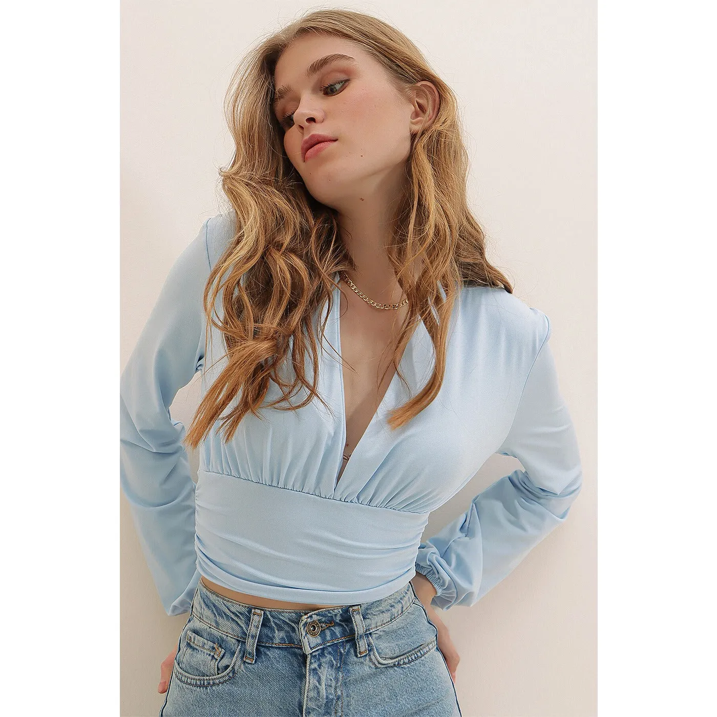 Blue Deep Decollete Waist Tape Crop Top