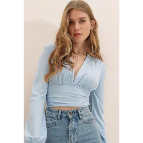 Blue Deep Decollete Waist Tape Crop Top