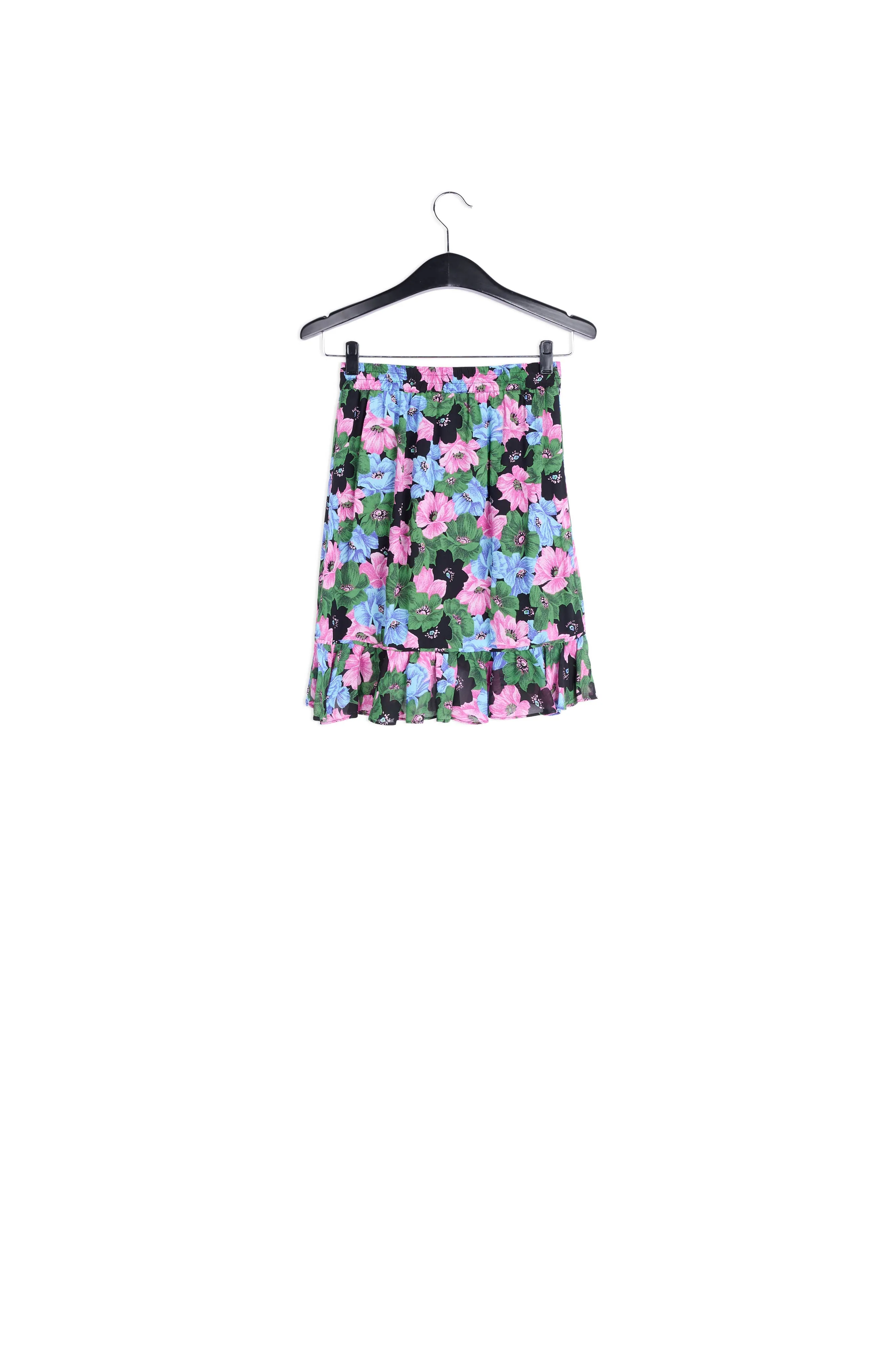 Blue, pink, green and black floral print midi skirt with ruffle