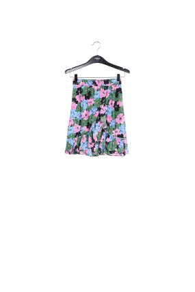 Blue, pink, green and black floral print midi skirt with ruffle
