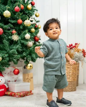 Boys Muslin Shirt & Short 2pcs Set - Green