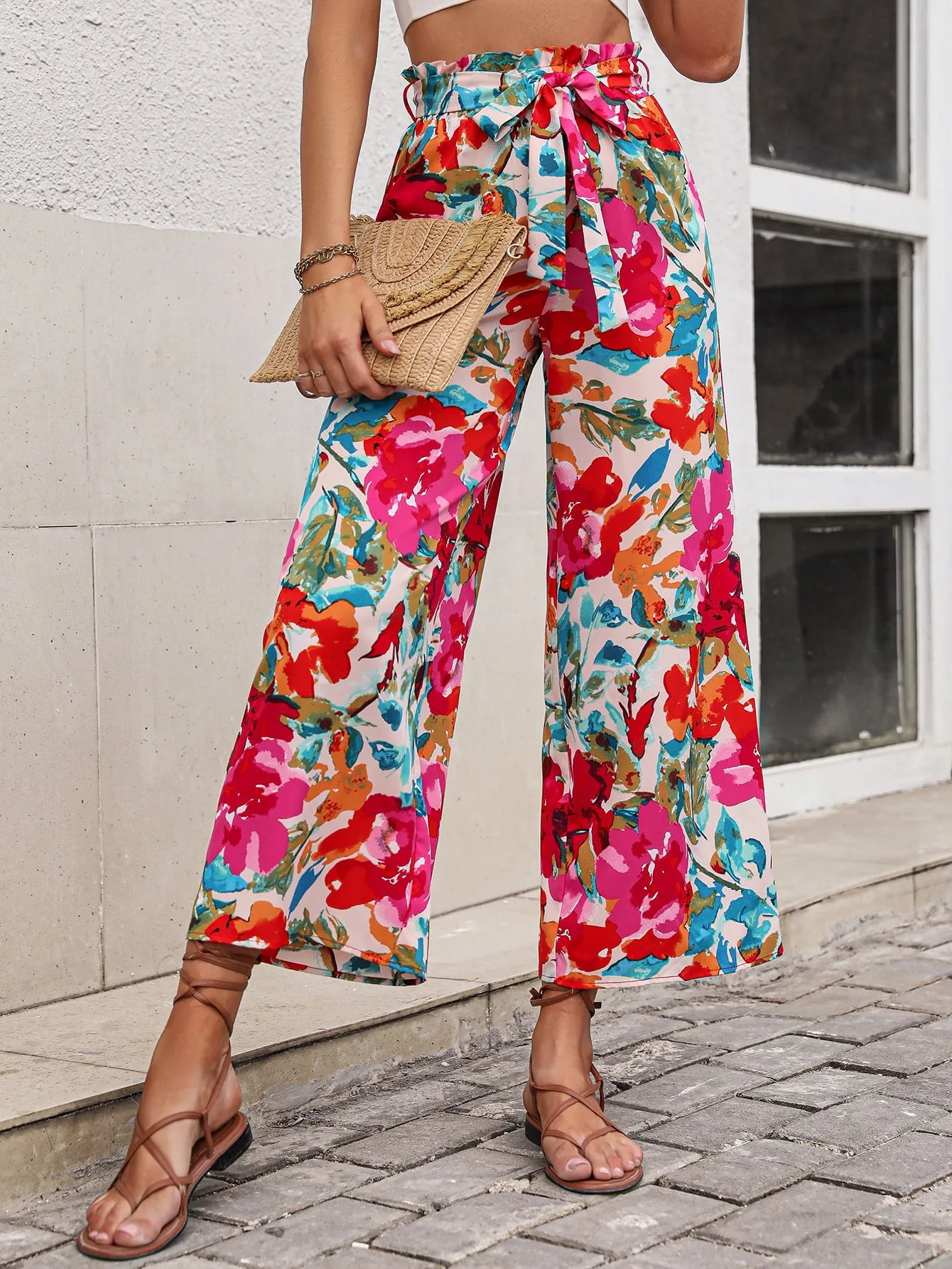 Bright Summer Floral Tie Belt Wide Leg Pants