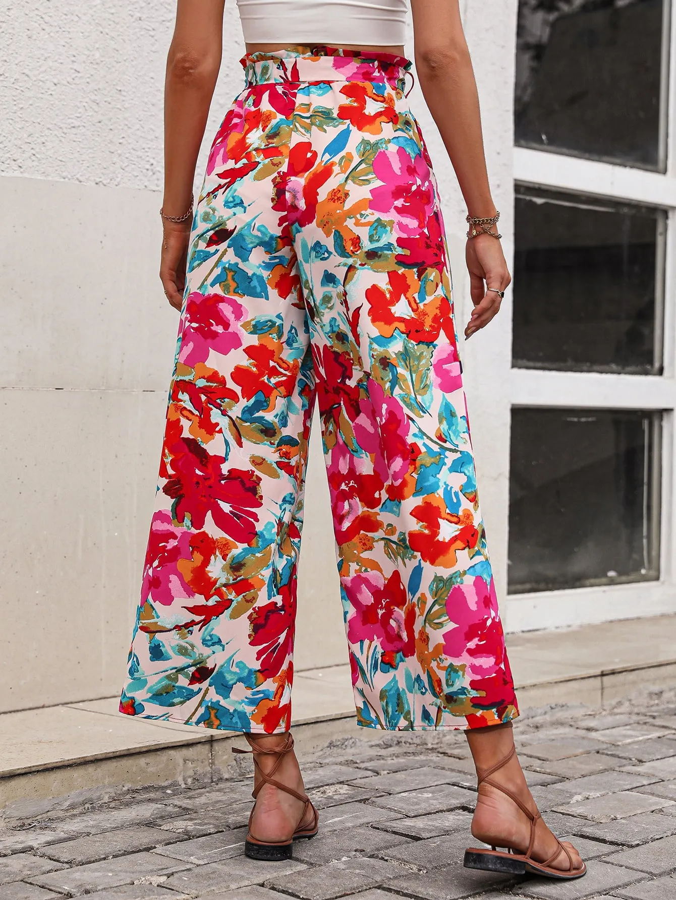 Bright Summer Floral Tie Belt Wide Leg Pants