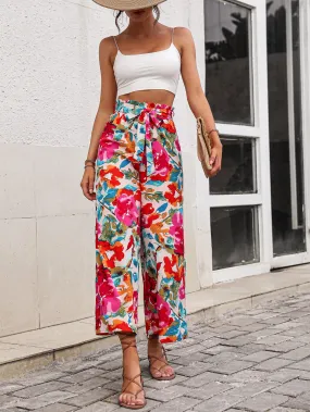 Bright Summer Floral Tie Belt Wide Leg Pants