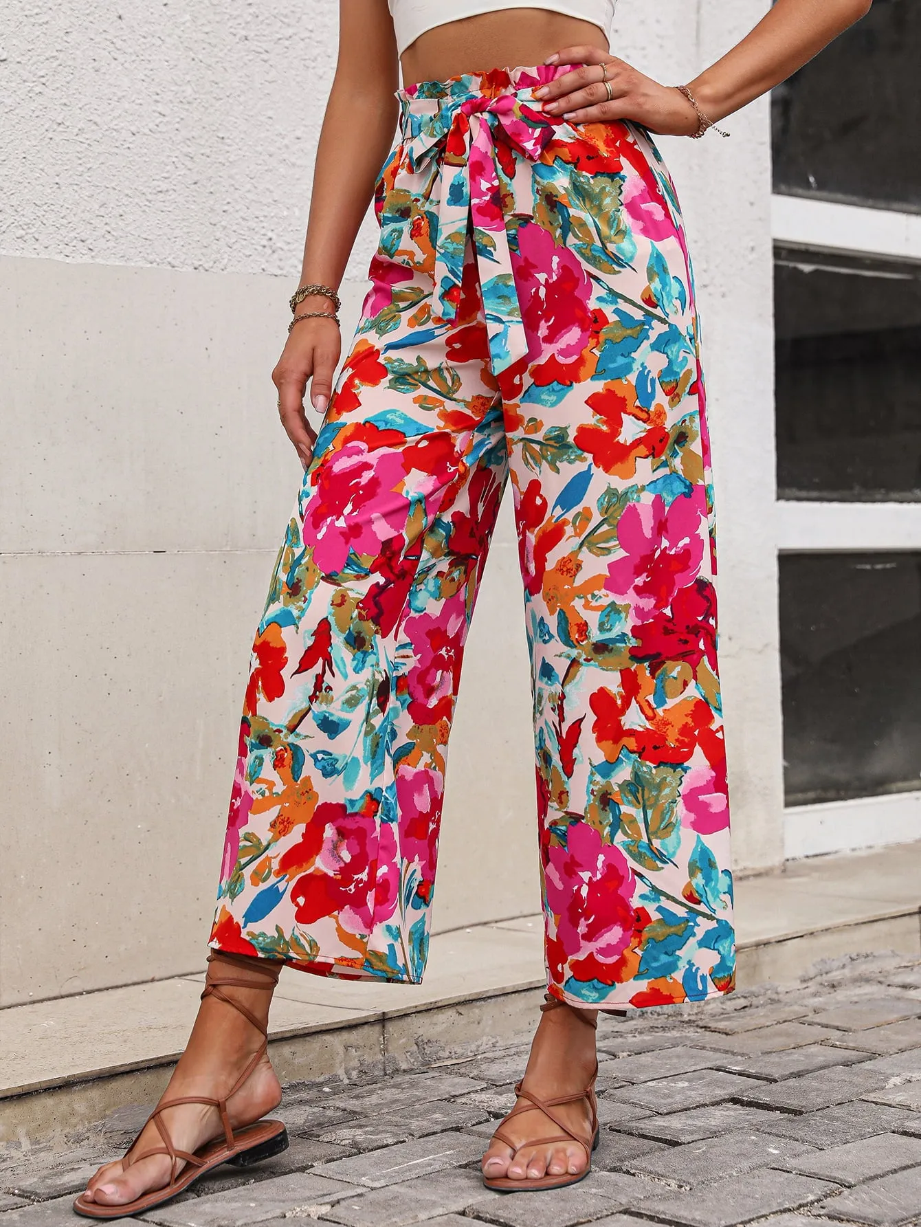 Bright Summer Floral Tie Belt Wide Leg Pants