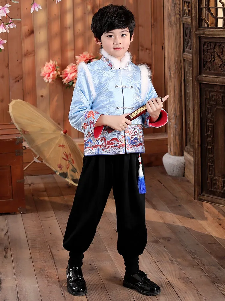 Brocade Fur Collar Chinese Style Boy's Wadded Suit