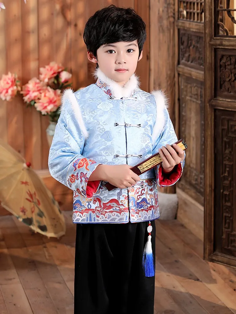 Brocade Fur Collar Chinese Style Boy's Wadded Suit