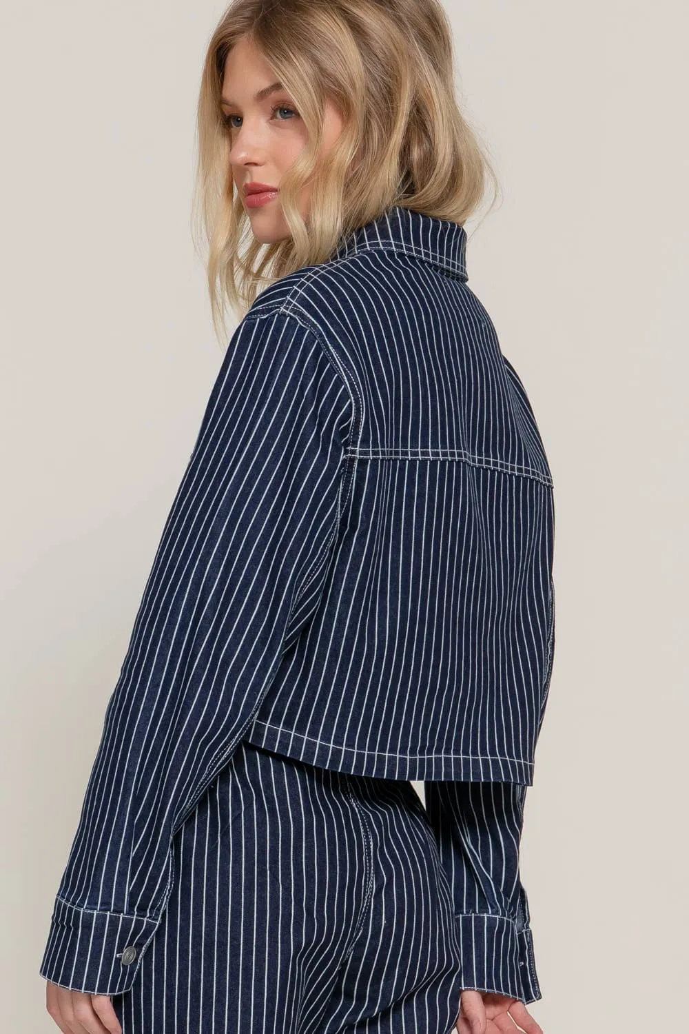 Button Down Stripe Denim Short Jacket