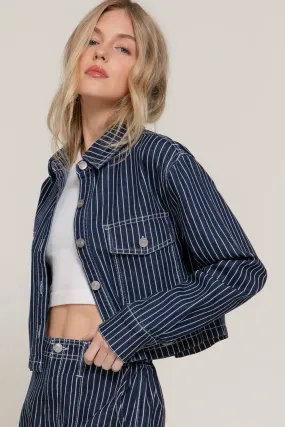 Button Down Stripe Denim Short Jacket