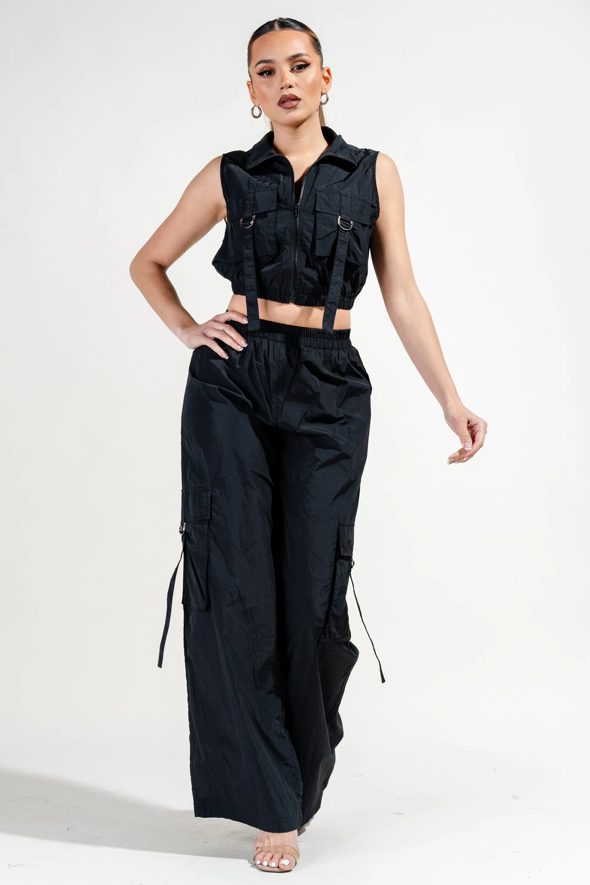 CARGO BIG POCKETS ZIPUP VEST TOP & CARGO PANTS SET