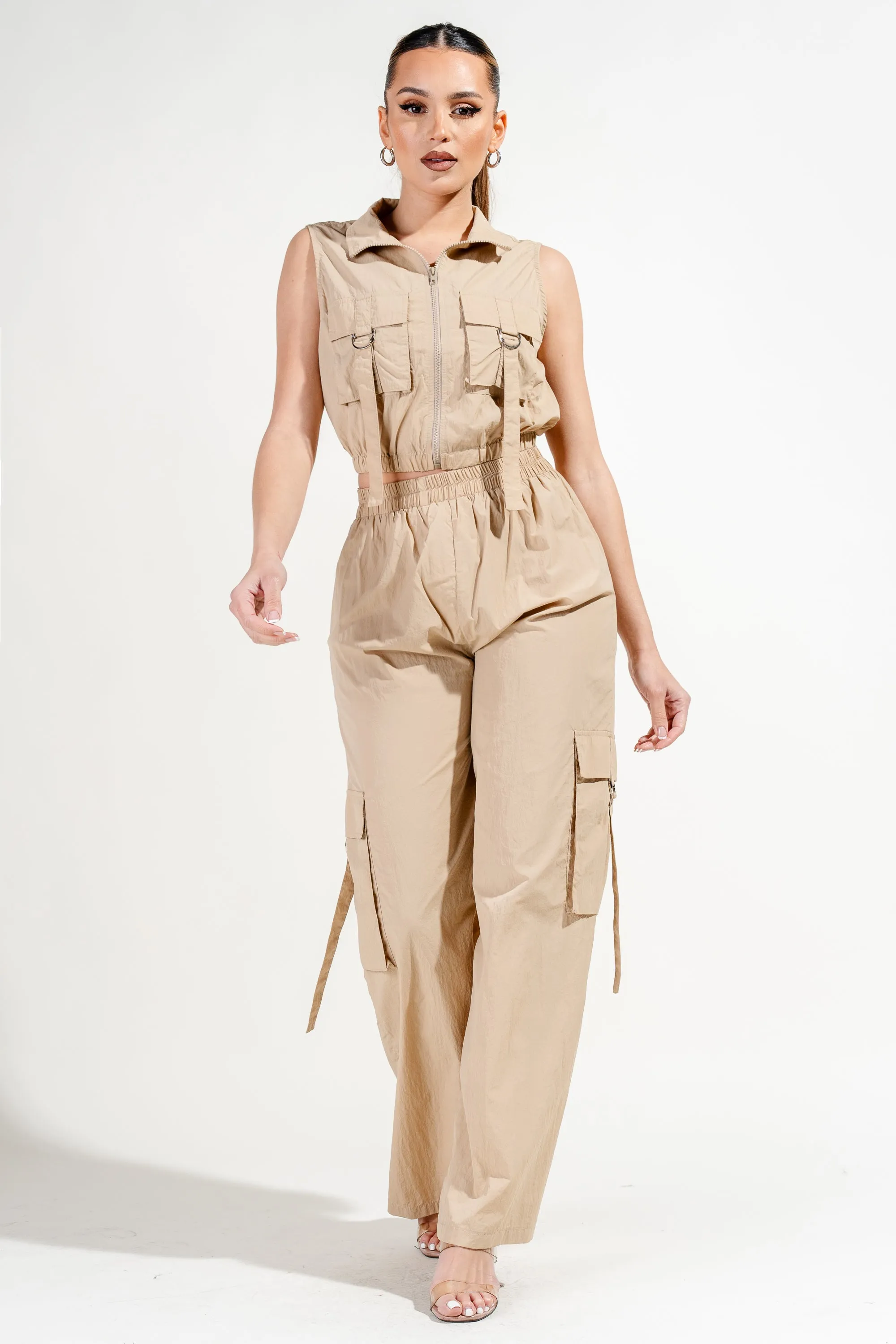 CARGO BIG POCKETS ZIPUP VEST TOP & CARGO PANTS SET