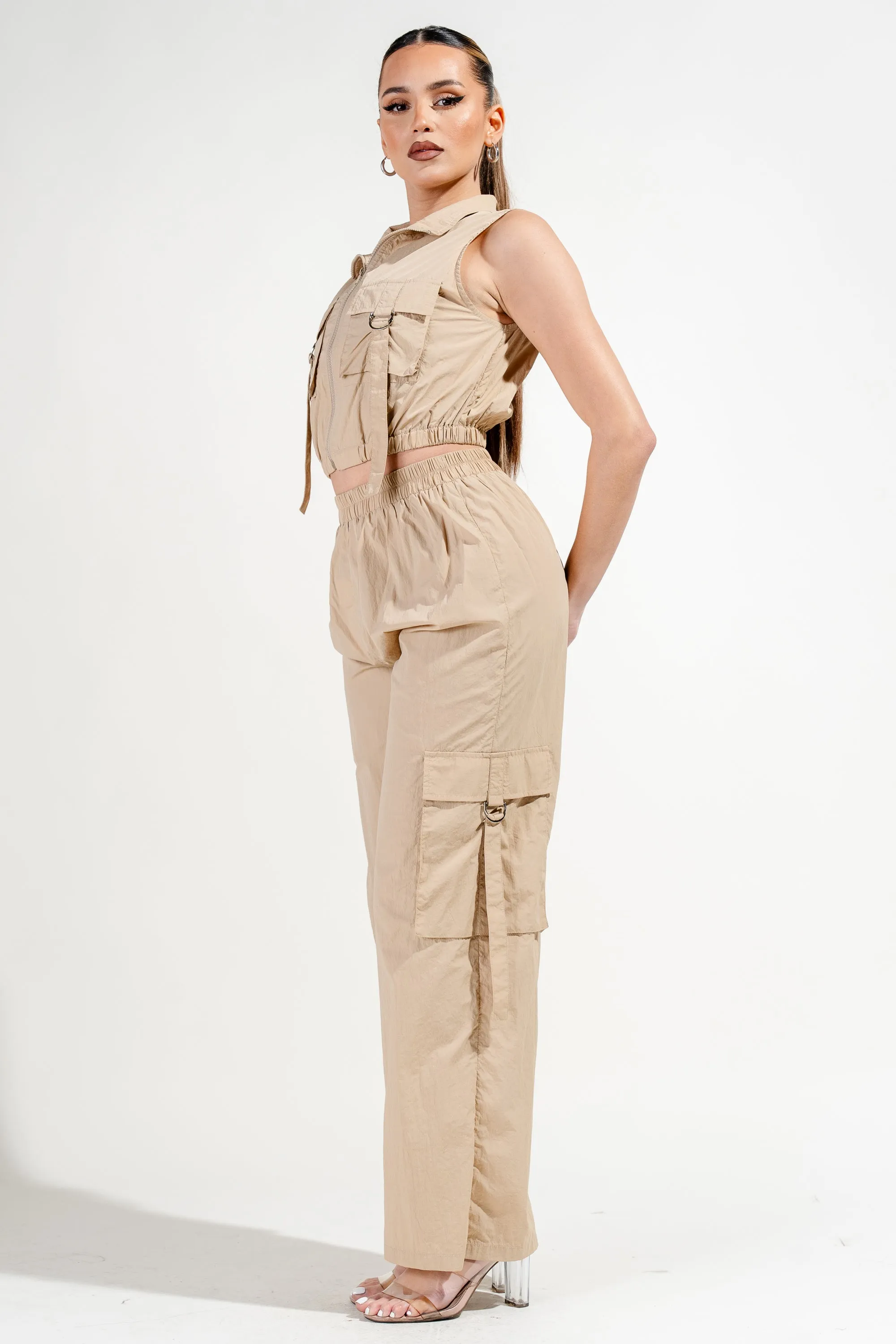 CARGO BIG POCKETS ZIPUP VEST TOP & CARGO PANTS SET
