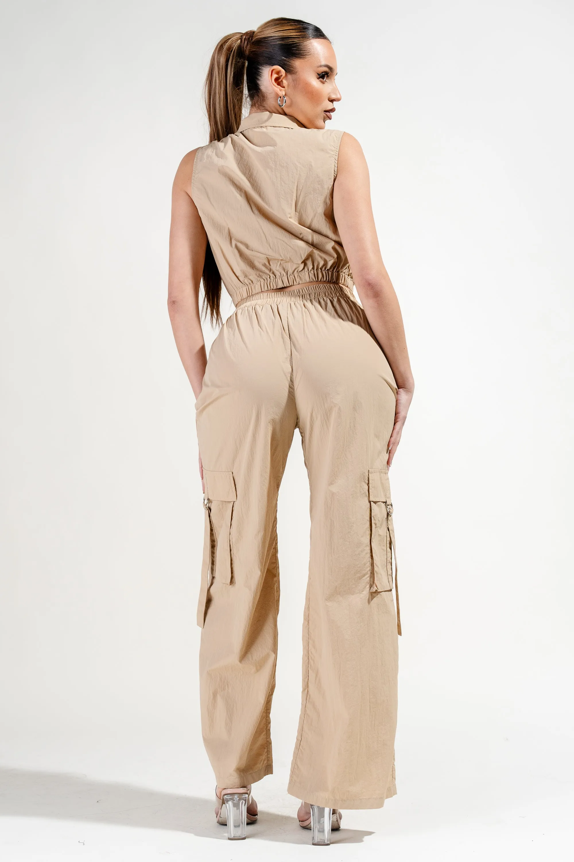 CARGO BIG POCKETS ZIPUP VEST TOP & CARGO PANTS SET