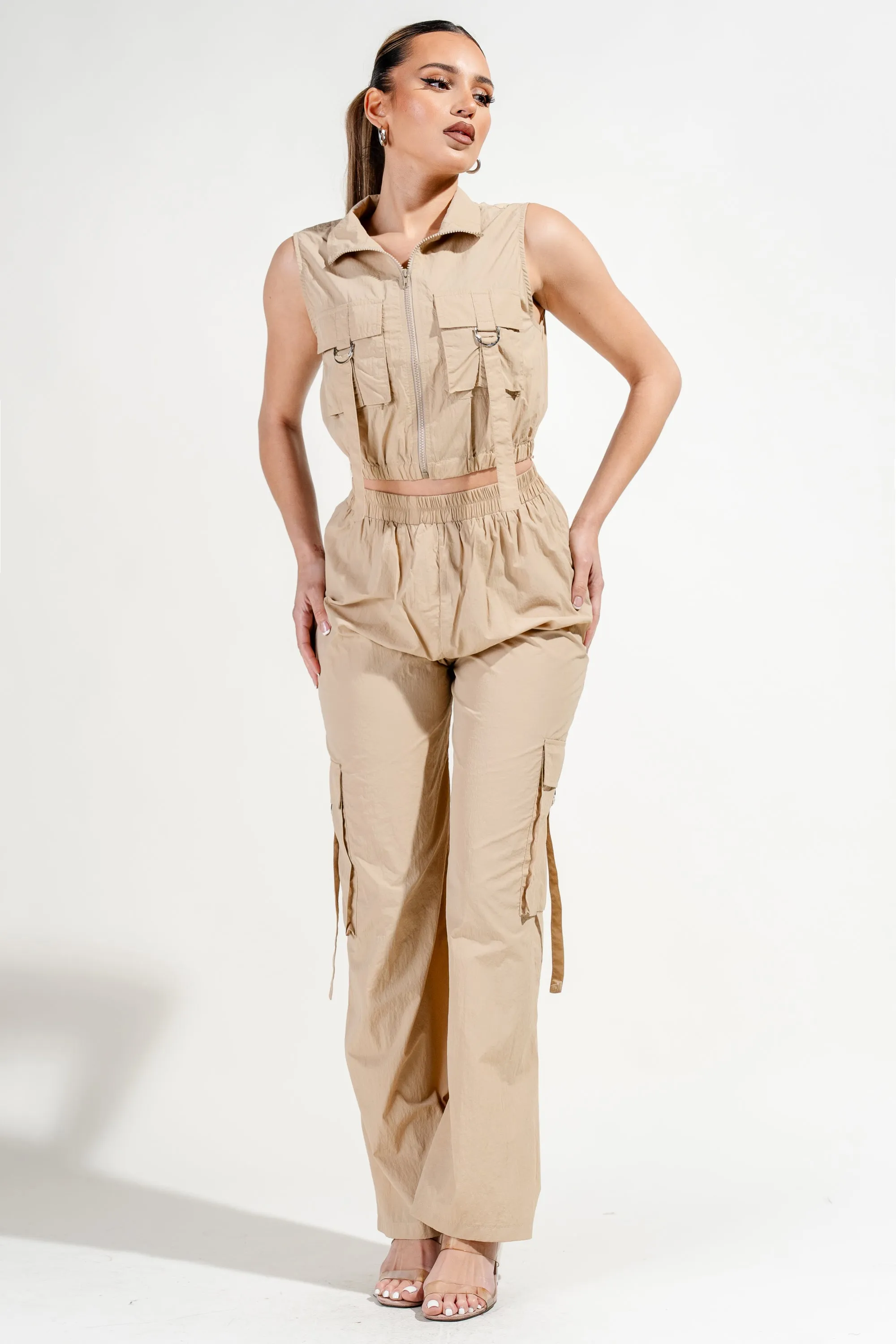 CARGO BIG POCKETS ZIPUP VEST TOP & CARGO PANTS SET