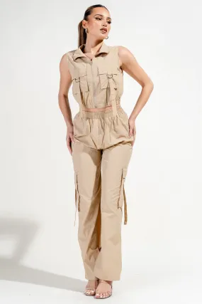 CARGO BIG POCKETS ZIPUP VEST TOP & CARGO PANTS SET