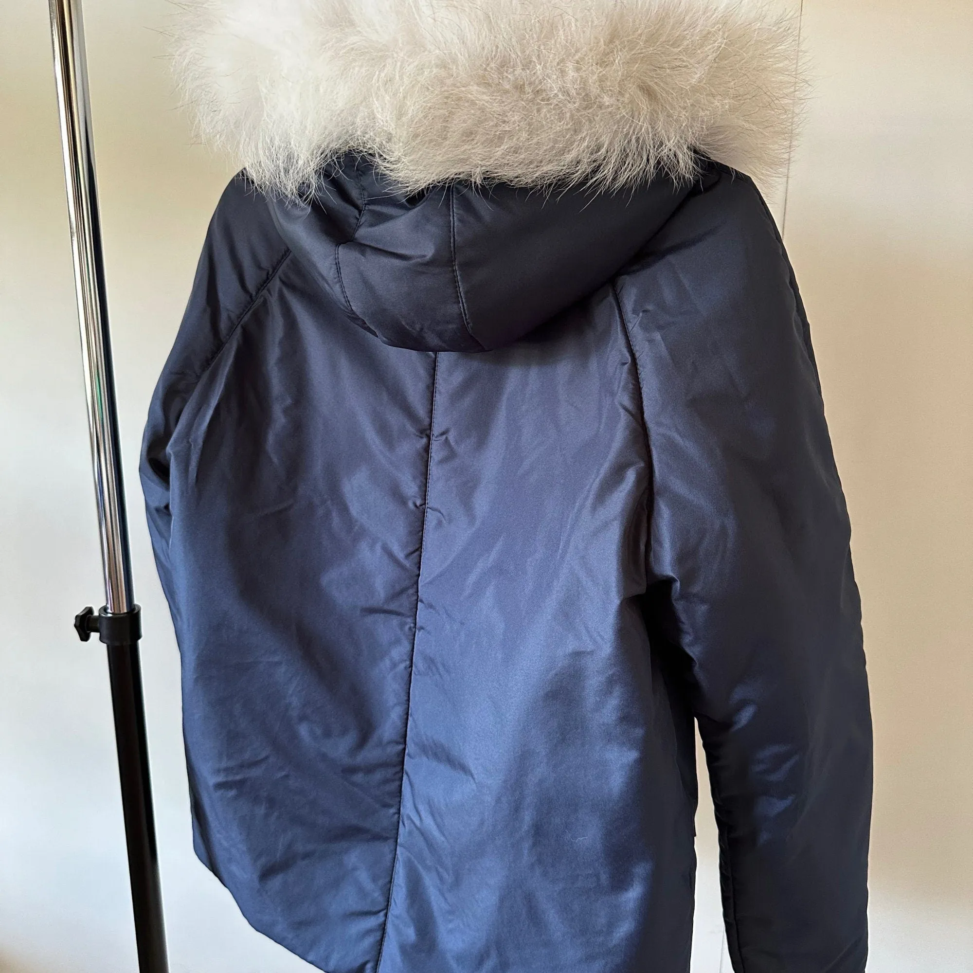 Dark Blue Women's Mid-Season Jacket with Hood and Detachable White Fox Fur Trim