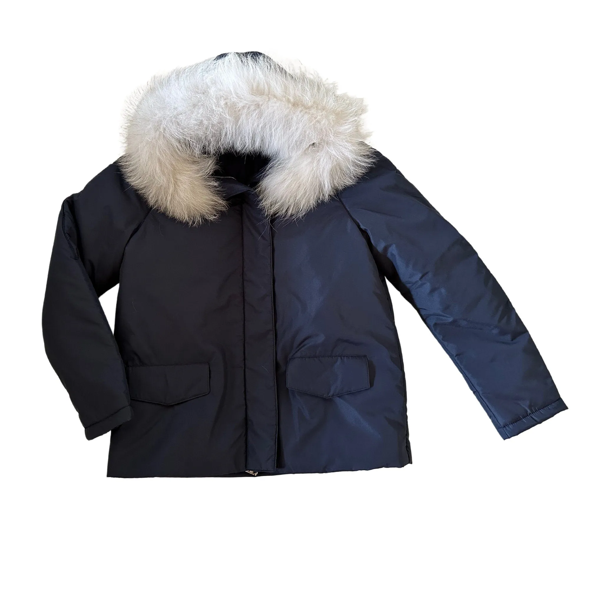 Dark Blue Women's Mid-Season Jacket with Hood and Detachable White Fox Fur Trim