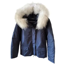 Dark Blue Women's Mid-Season Jacket with Hood and Detachable White Fox Fur Trim