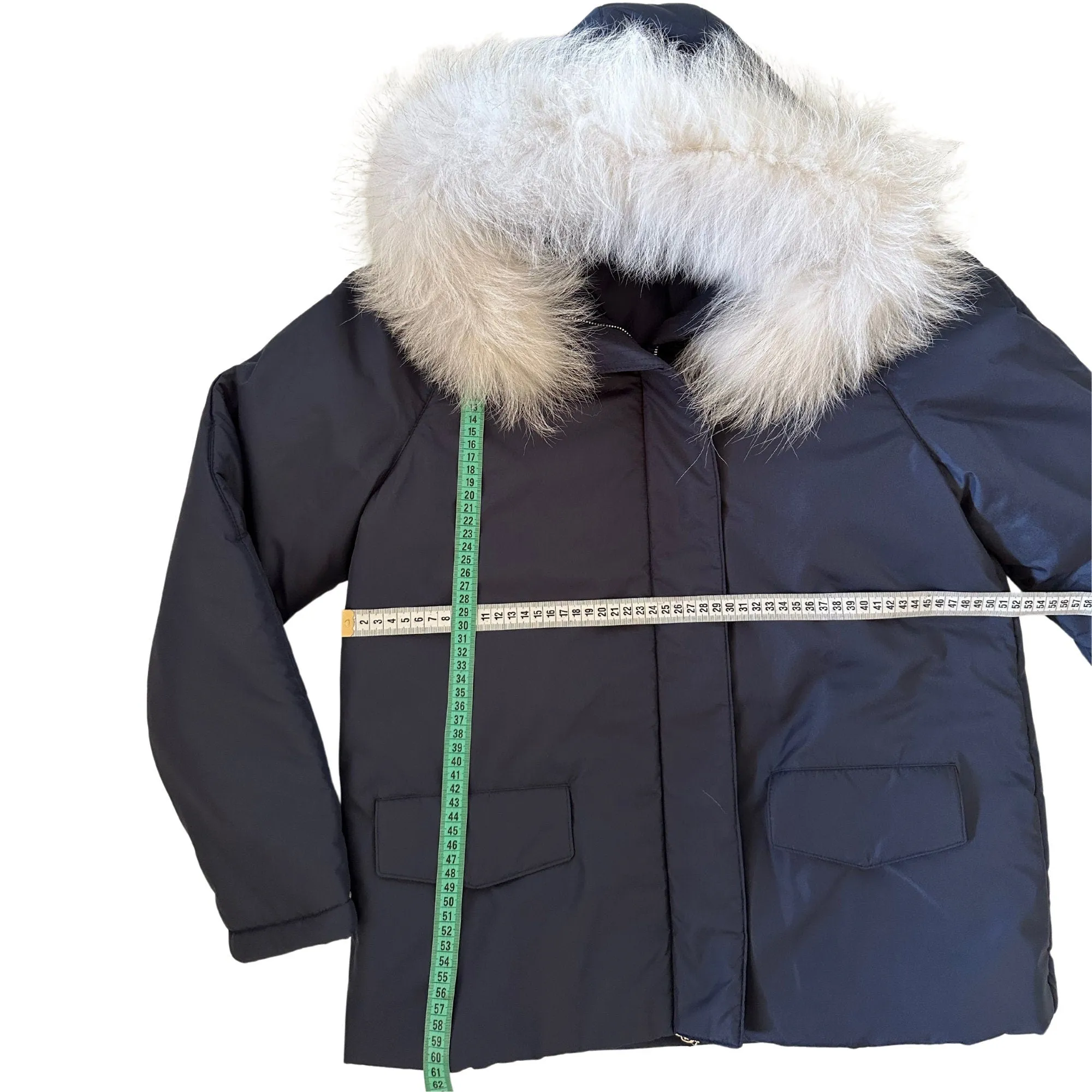 Dark Blue Women's Mid-Season Jacket with Hood and Detachable White Fox Fur Trim
