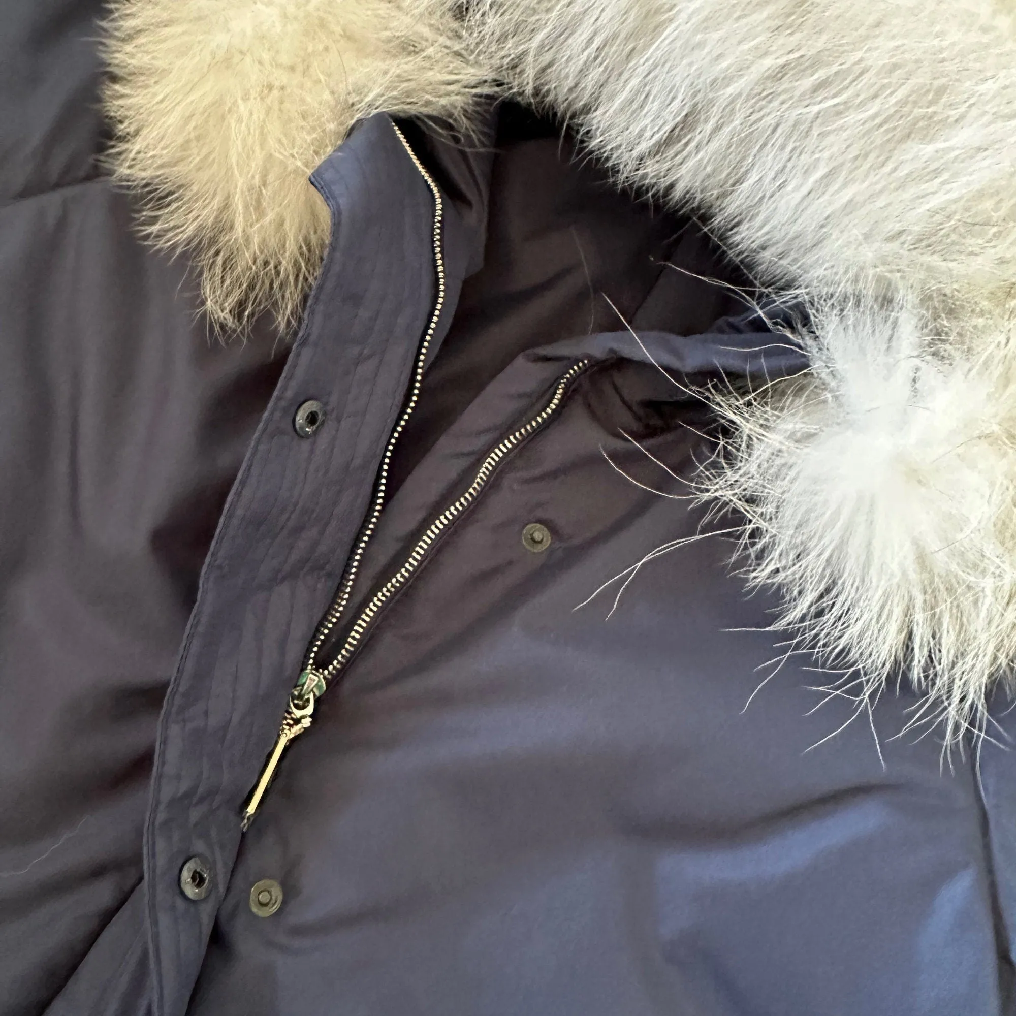 Dark Blue Women's Mid-Season Jacket with Hood and Detachable White Fox Fur Trim