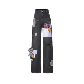 Denim Bear Plaid Patch Jeans in Black