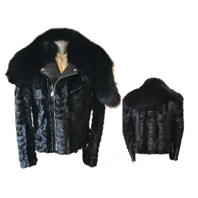 Diamond Mink Motor Jacket with Removable Fox Collar - Black
