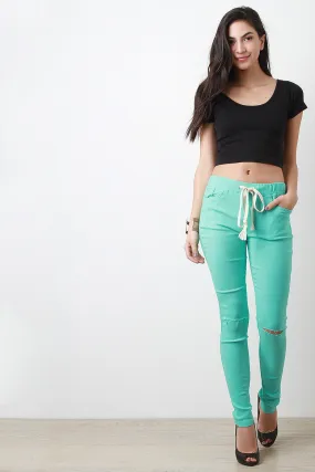 Drawstring Slit Knee Skinny Pants