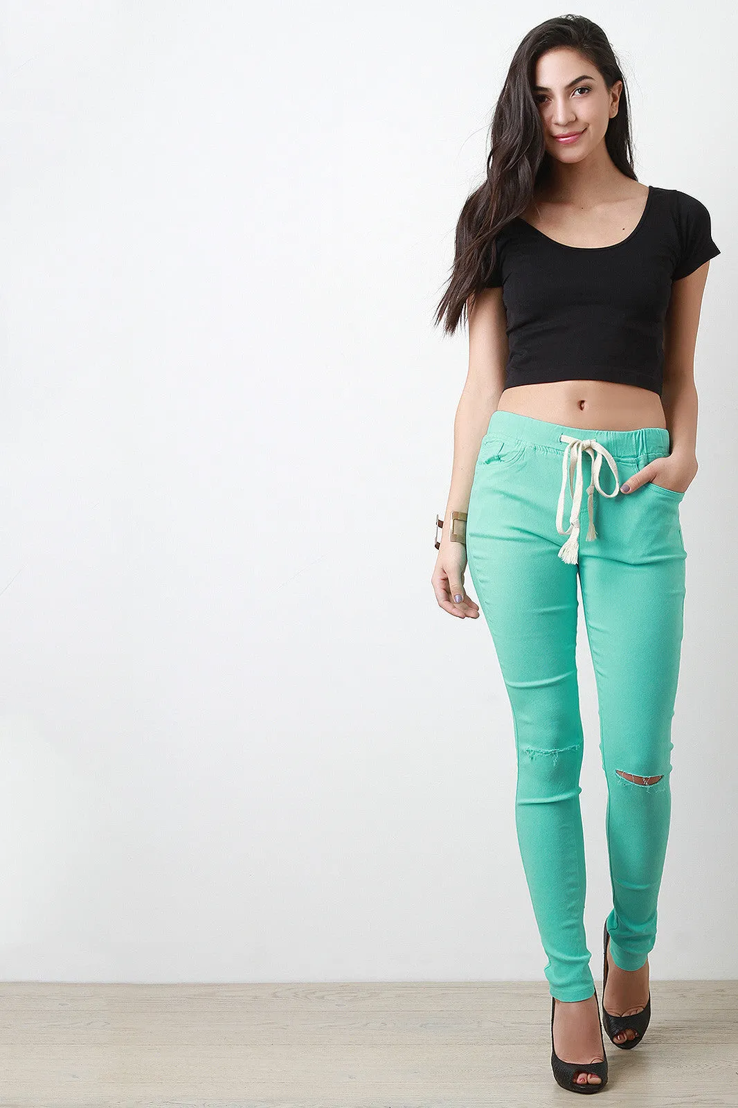 Drawstring Slit Knee Skinny Pants