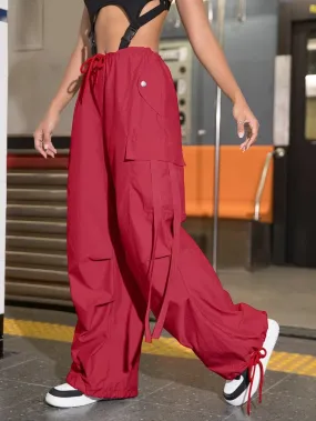 Drawstring Waist Flap Pocket Side Casual Cargo Pants