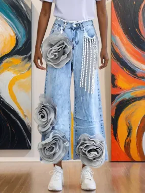 EM Flower Pearl Tassel Design Jeans