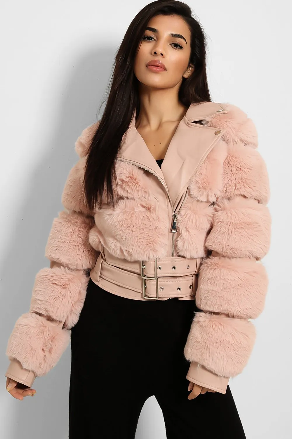 FAUX FUR BELTED LEATHER LOOK TRIM PINK BIKER JACKET