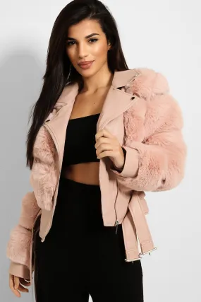 FAUX FUR BELTED LEATHER LOOK TRIM PINK BIKER JACKET