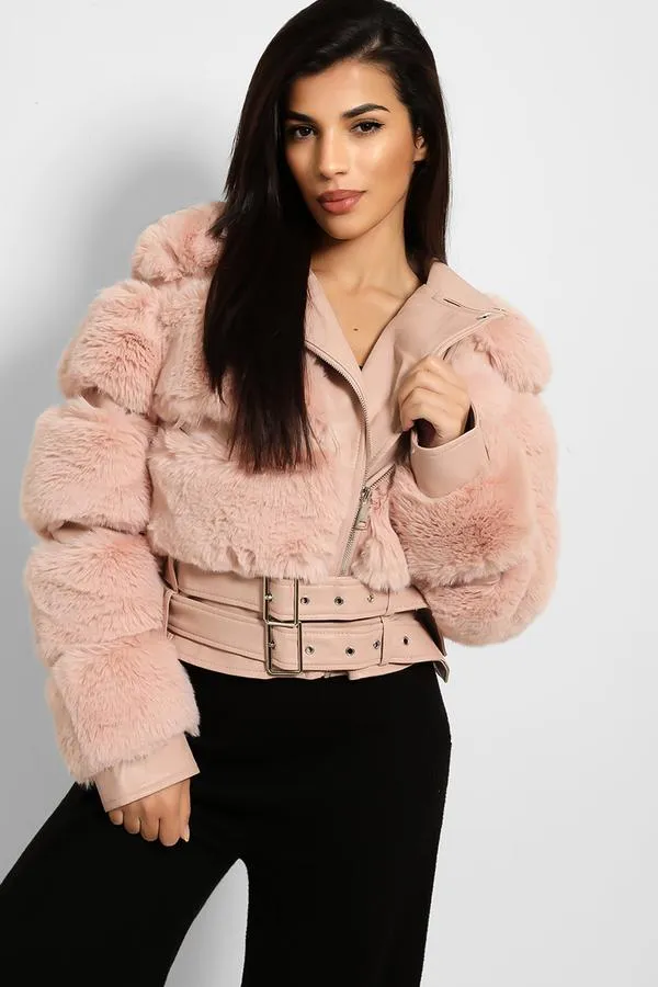 FAUX FUR BELTED LEATHER LOOK TRIM PINK BIKER JACKET