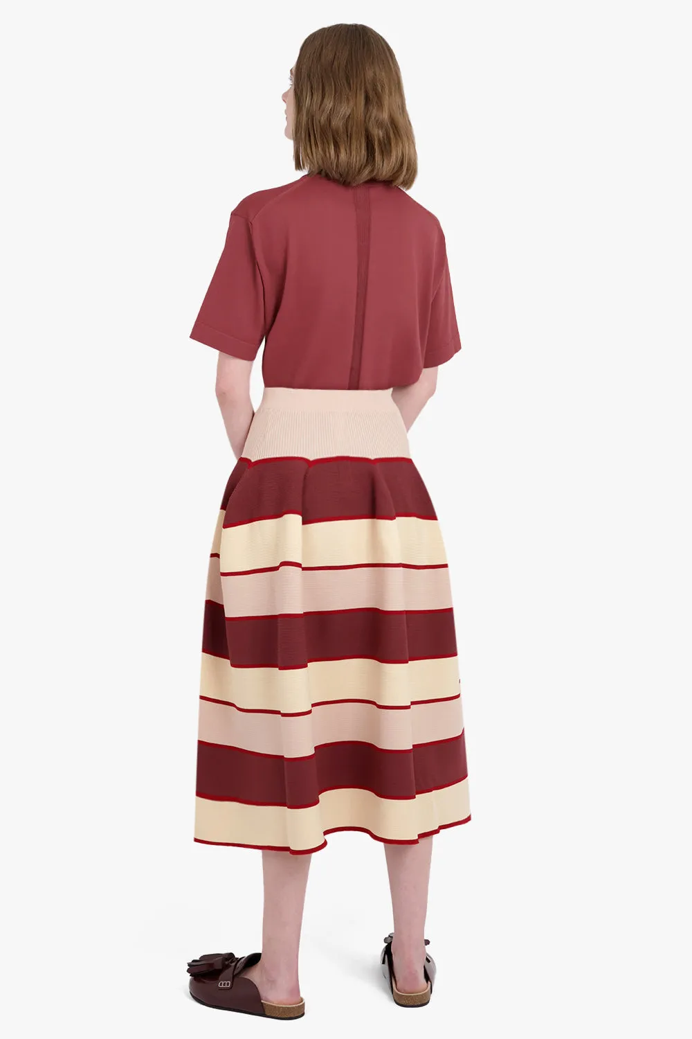 Flared Stripe Midi Skirt | Red/Beige/Pink