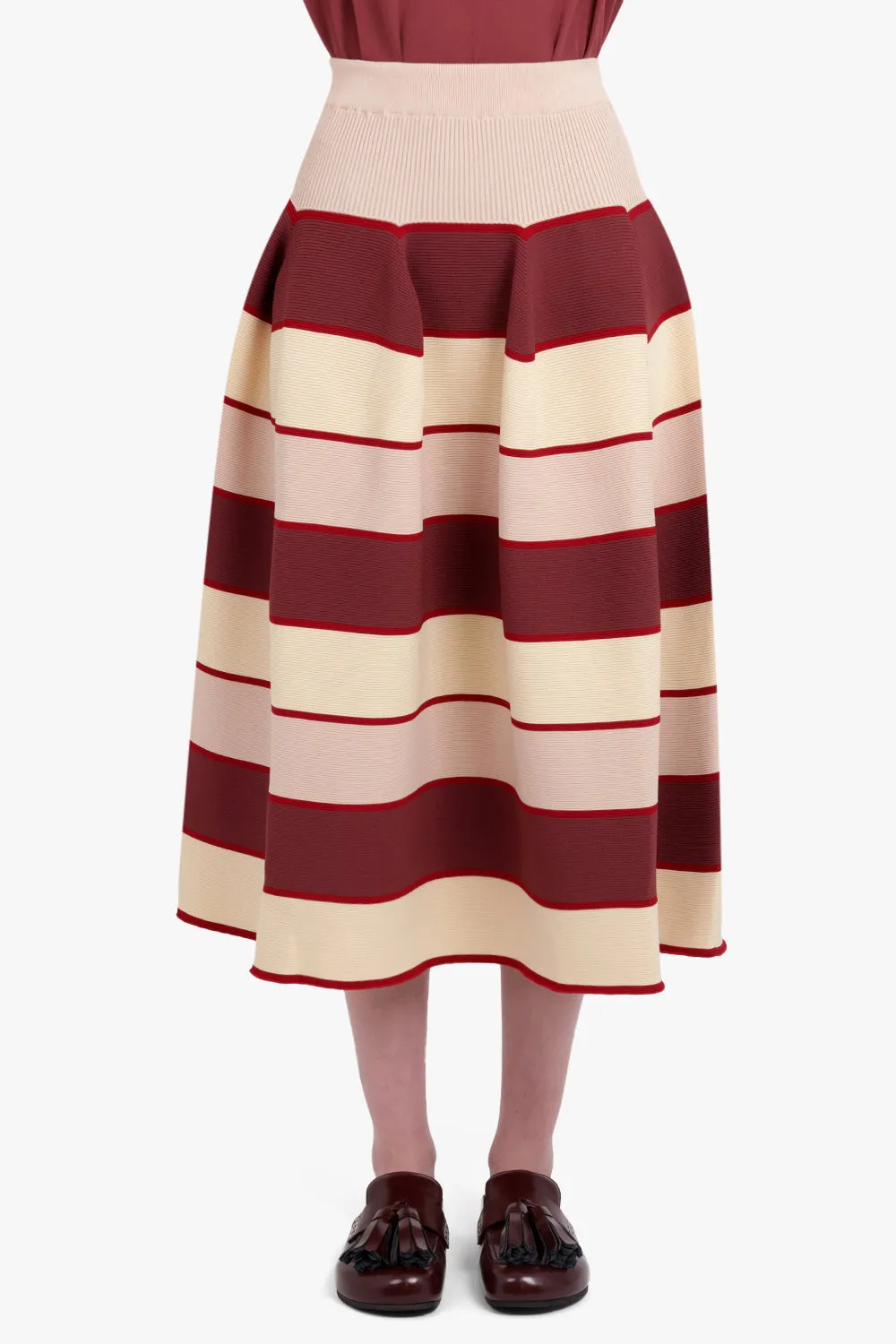 Flared Stripe Midi Skirt | Red/Beige/Pink