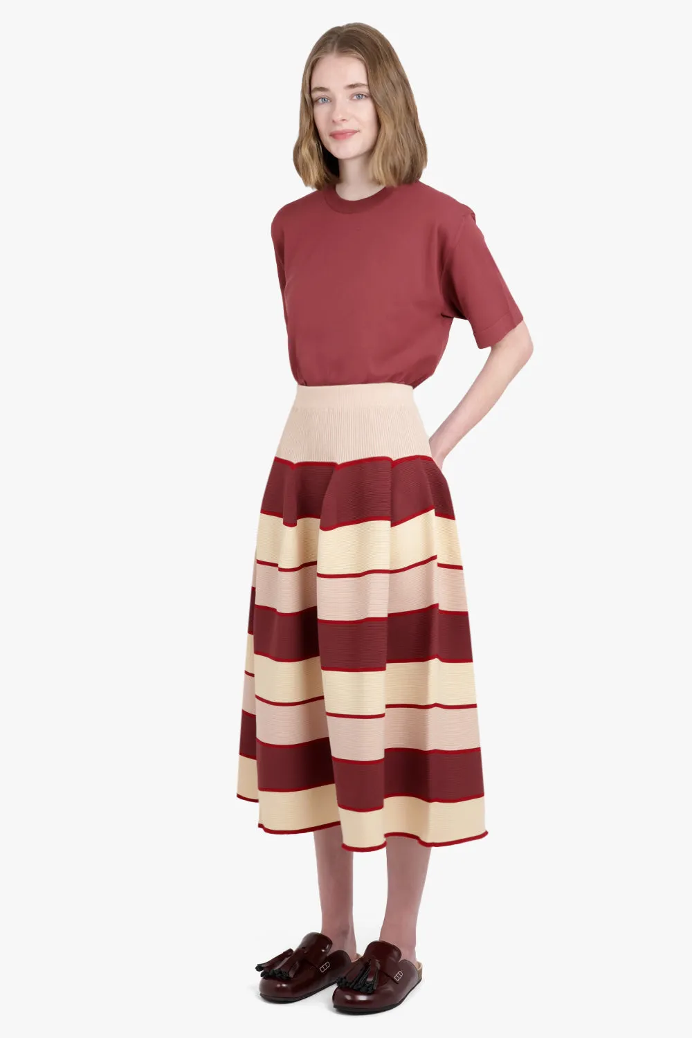 Flared Stripe Midi Skirt | Red/Beige/Pink