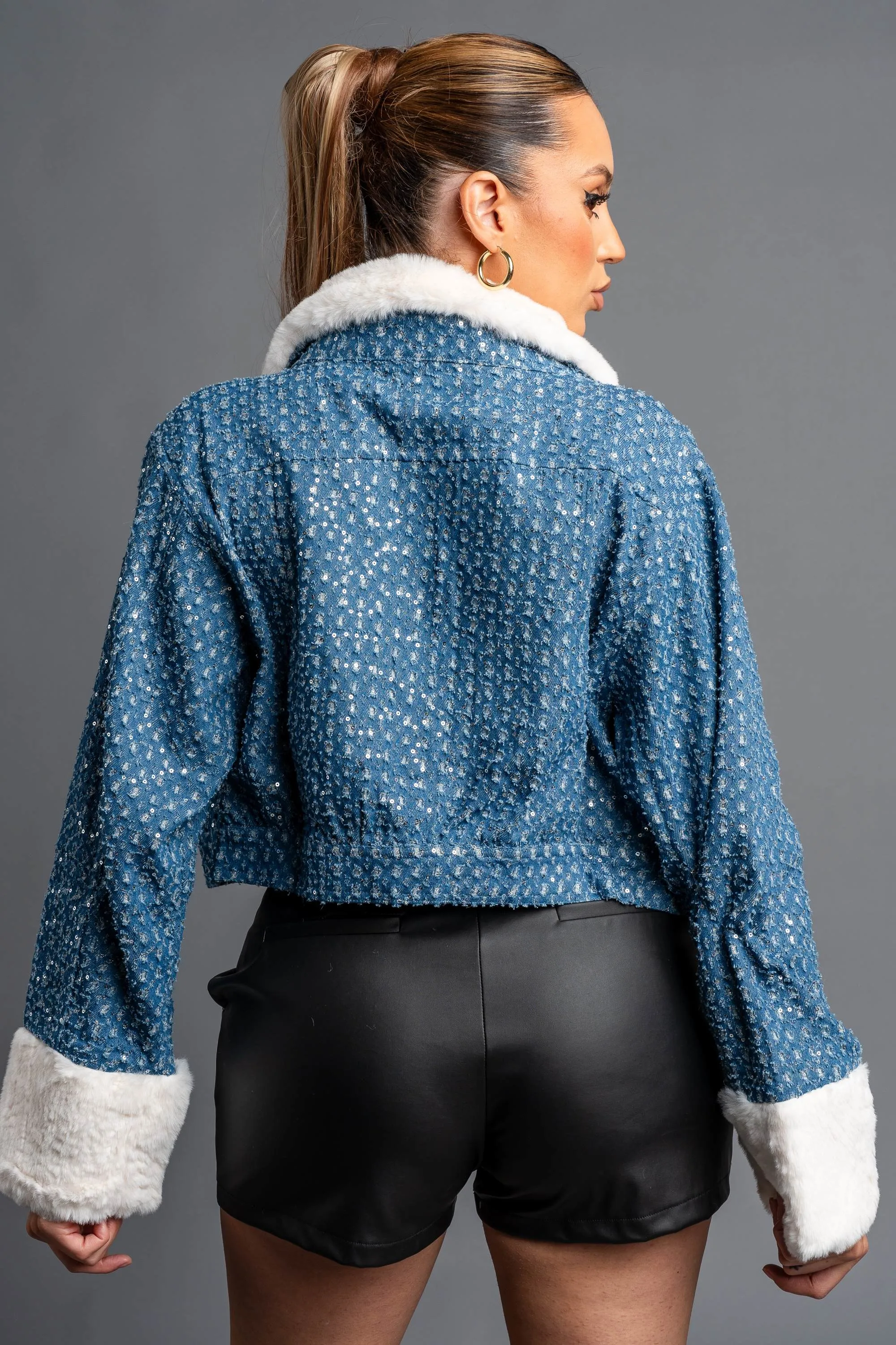 FUZZY FUR TRIM DENIM SEQUINS BUTTON DOWN JACKET